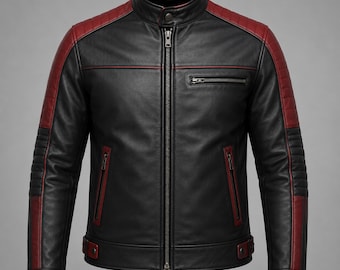 May include: A black leather jacket featuring dark red accents on the shoulders, sleeves, and collar. The jacket includes a central zipper, a zippered chest pocket, two zippered side pockets, and adjustable snap-button tabs at the waist hem.