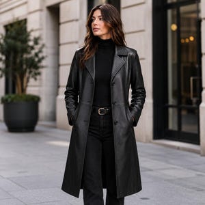 May include: A long black leather coat featuring a notched lapel, a three-button front closure, and two side pockets. The coat is worn over a black turtleneck jumper and black trousers with a black belt featuring a silver-toned metal buckle.