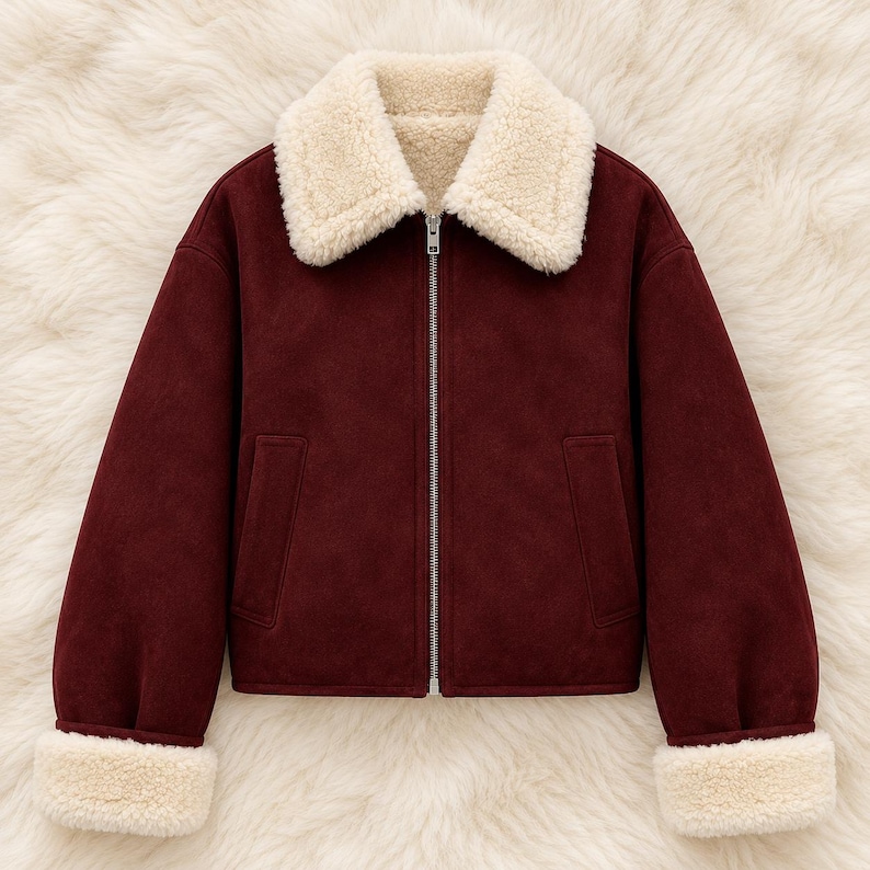 May include: A deep burgundy jacket featuring a soft cream-colored faux shearling collar and matching cuffs. The jacket has a central silver-toned metal zipper closure and two vertical slit pockets on the front, with long sleeves.