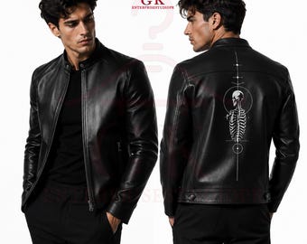 Men's Genuine Leather Jacket, Skeleton Sticker Graphic, Gothic Biker Streetwear.