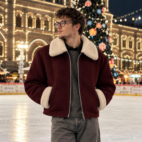 Santa’s Burgundy Shearling Jacket – Cozy Christmas Winter Outwear for Men.