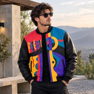 Può includere: Un giubbotto bomber multicolore con maniche in pelle nera e un vivace pannello frontale con forme geometriche rosse, gialle, blu e viola. Il giubbotto presenta colletto, polsini e orlo a coste neri, con la scritta "PEPE" stampata sul petto.
