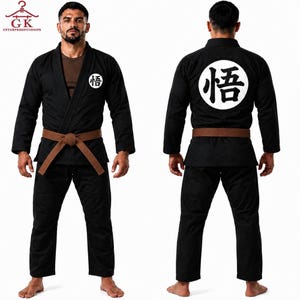 Goku Style Black BJJ Gi – Embroidered Martial Arts Uniform with Kanji 悟 Logo, Brown Belt.