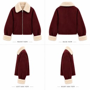 May include: A burgundy jacket featuring a cream-colored faux shearling collar and matching cuffs. The jacket includes a full-length silver zipper, two side pockets, and is displayed from front, back, left, and right side views with labels.