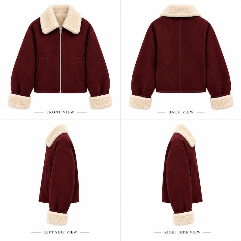 May include: A burgundy jacket featuring a cream-colored faux shearling collar and matching cuffs. The jacket includes a full-length silver zipper, two side pockets, and is displayed from front, back, left, and right side views with labels.