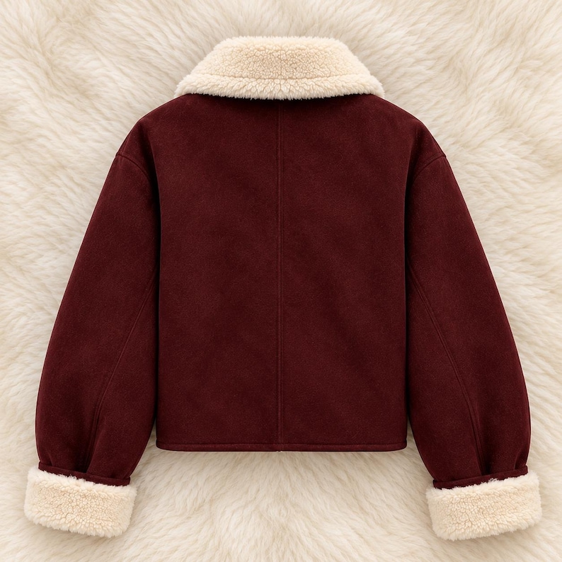 May include: A deep burgundy jacket featuring a soft cream-colored faux shearling collar and matching cuffs on the long sleeves. The jacket has a smooth, matte finish and a straight hemline, showcasing a clean, structured design.