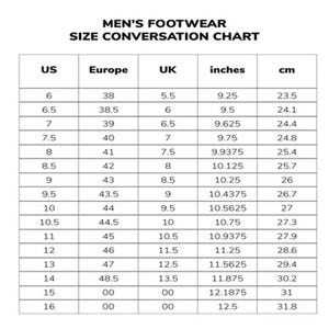 May include: A black and white footwear size conversion chart titled MEN'S FOOTWEAR SIZE CONVERSATION CHART. The table lists US, Europe, UK, inches, and cm measurements for sizes ranging from 6 to 16, providing a clear reference for shoe sizing.