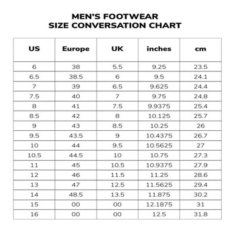 May include: A black and white footwear size conversion chart titled MEN'S FOOTWEAR SIZE CONVERSATION CHART. The table lists US, Europe, UK, inches, and cm measurements for sizes ranging from 6 to 16, providing a clear reference for shoe sizing.