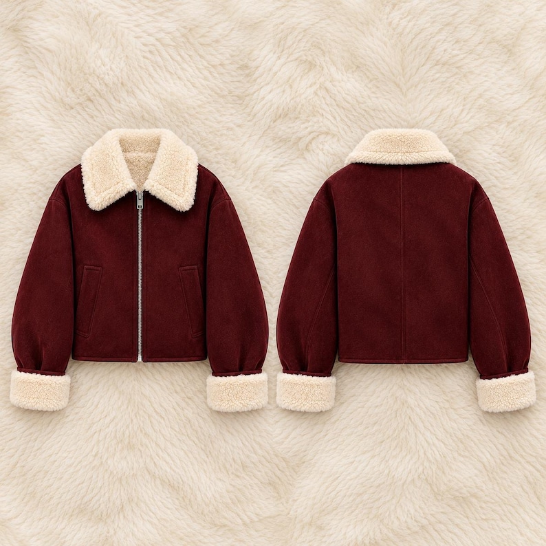 May include: A deep burgundy jacket featuring a cream-colored faux shearling collar and matching cuffs. The front displays a full-length silver zipper closure and two side pockets, while the back shows a clean, solid panel design.
