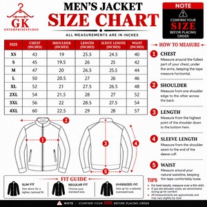 May include: A jacket size chart with a table listing measurements in inches for sizes XS to 4XL. It includes a diagram of a jacket with numbered indicators for chest, shoulder, length, sleeve length, and waist, plus a fit guide section.