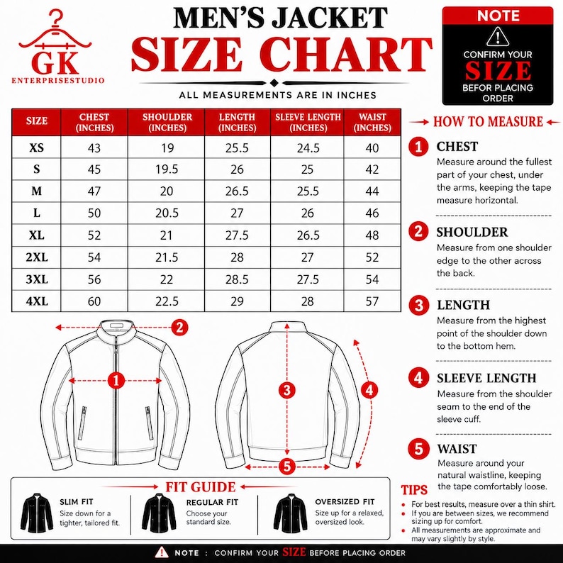 May include: A jacket size chart with a table listing measurements in inches for sizes XS to 4XL. It includes a diagram of a jacket with numbered indicators for chest, shoulder, length, sleeve length, and waist, plus a fit guide section.