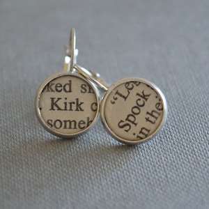 Recycled book pages Star Trek Jewelry Kirk and Spock Earrings