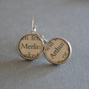 Recycled book pages Merlin and Arthur Earrings