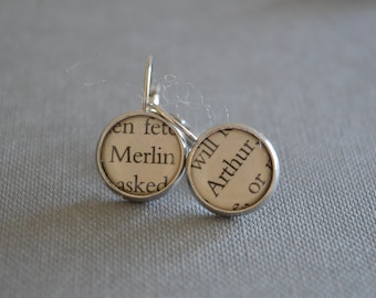 Recycled book pages Merlin and Arthur Earrings