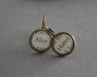 Recycled book pages Alice and Mad Hatter Alice in Wonderland Earrings