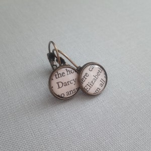 Recycled book pages Elizabeth and Mr Darcy earrings, Jane Austen Pride and Prejudice