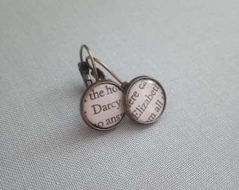 Recycled book pages Elizabeth and Mr Darcy earrings, Jane Austen Pride and Prejudice