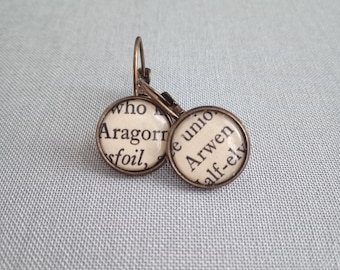 Recycled book pages Aragorn and Arwen Lord of the Rings Earrings