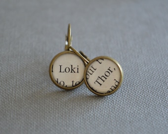 Recycled book pages Loki and Thor Earrings
