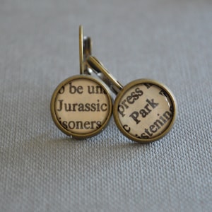 Recycled book pages Jurassic Park Leverback earrings