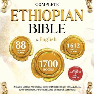 May include: The Complete Ethiopian Bible in English. The book cover features gold lettering and accents, with seals indicating 88 printed books, 1612 digital books, and 1700 books. Includes audiobook and video lesson.