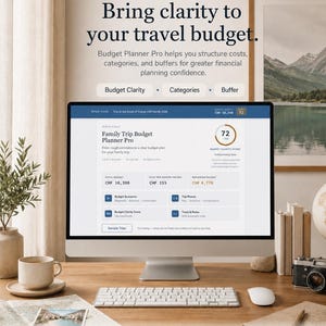 Könnte beinhalten: Ein Computerbildschirm zeigt eine Benutzeroberfläche für einen Reisebudgetplaner. Der Text "Bring clarity to your travel budget" wird angezeigt. Eine Tastatur, eine Maus, eine Kaffeetasse und eine Karte befinden sich auf dem Holztisch. Eine Kamera und Bücher sind ebenfalls sichtbar.