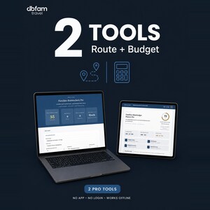 Könnte beinhalten: Eine dunkelblaue Grafik mit dem Text 2 TOOLS Route + Budget sowie Symbolen für eine Routenkarte und einen Taschenrechner. Darunter zeigen ein Laptop und ein Tablet die Software-Oberflächen Familien-Routencheck Pro und Familien-Reisebudget Planner Pro.
