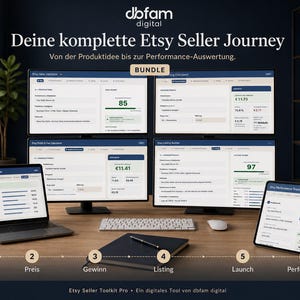 Könnte beinhalten: Ein digitales Etsy Seller Toolkit Pro-Bundle wird auf einem Holzschreibtisch angezeigt. Das Bild zeigt einen Laptop, Computermonitore und ein Tablet, das Etsy-bezogene Daten und den Text "Deine komplette Etsy Seller Journey" anzeigt.