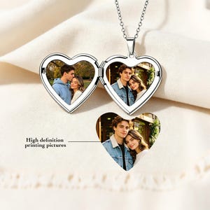 May include: A silver-toned heart-shaped locket necklace featuring two open compartments, each displaying a photograph of a couple. A separate heart-shaped photo insert is shown below with the text High definition printing pictures.