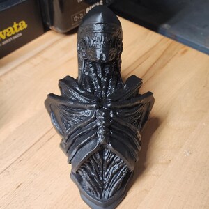 May include: A matte black 3D printed bust of a xenomorph creature, featuring a smooth elongated head, exposed rib-like structures on the chest, and intricate, textured organic details across the shoulders and torso, presented as a solid figurine.