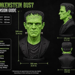 May include: A Frankenstein bust featuring a green-skinned figure with a black jacket, dark hair, and metallic neck bolts. The bust measures 9.45 inches in height, 5.91 inches in width, and 4.72 inches in depth, shown from front, side, and back views.