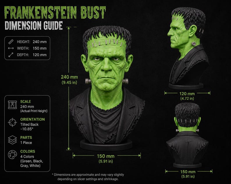 May include: A Frankenstein bust featuring a green-skinned figure with a black jacket, dark hair, and metallic neck bolts. The bust measures 9.45 inches in height, 5.91 inches in width, and 4.72 inches in depth, shown from front, side, and back views.