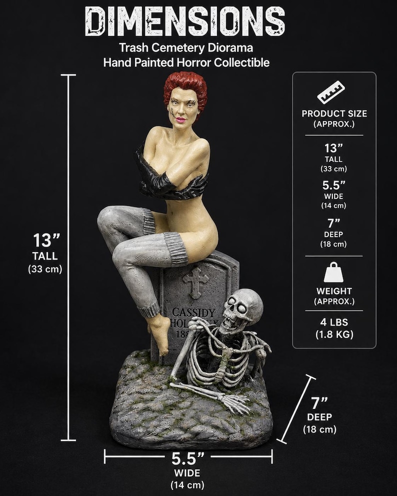 Puede incluir: Un diorama de cementerio Trash pintado a mano, objeto de colecci&oacute;n de terror con una figura de pelo rojo sentada sobre una l&aacute;pida marcada Cassidy, junto a un esqueleto. Mide 33 cm de alto, 14 cm de ancho, 18 cm de profundidad y pesa 1,8 kg.