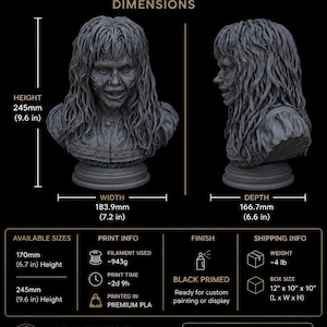 May include: A grey Regan bust featuring detailed facial features and long hair, shown from front and side angles. The bust measures 9.6 inches in height, 7.2 inches in width, and 6.6 inches in depth. The text includes REGAN BUST, DIMENSIONS, and AVAILABLE SIZES.