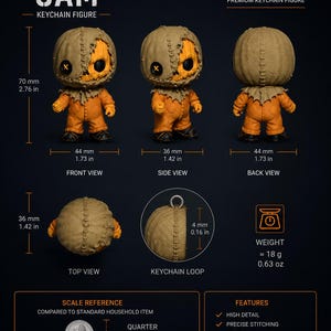 May include: A Sam keychain figure featuring a burlap-textured head with a button eye, orange jumpsuit, and black shoes. Dimensions are 2.76 inches tall, 1.73 inches wide, and 1.42 inches deep. The figure weighs 0.63 ounces and includes a metal keychain loop.