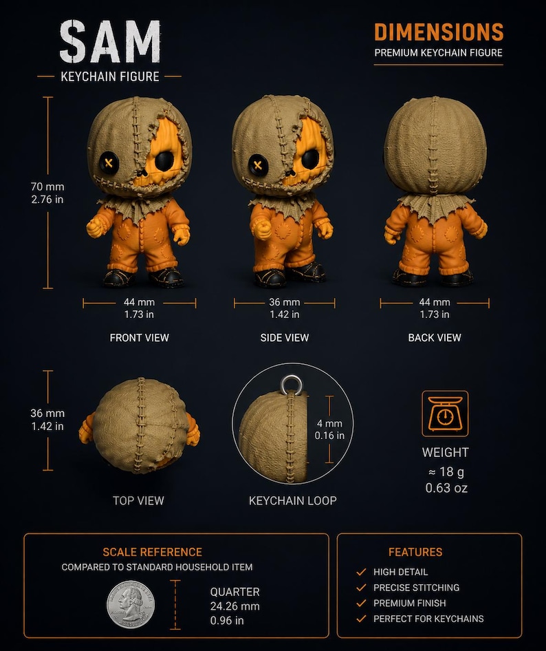 May include: A Sam keychain figure featuring a burlap-textured head with a button eye, orange jumpsuit, and black shoes. Dimensions are 2.76 inches tall, 1.73 inches wide, and 1.42 inches deep. The figure weighs 0.63 ounces and includes a metal keychain loop.