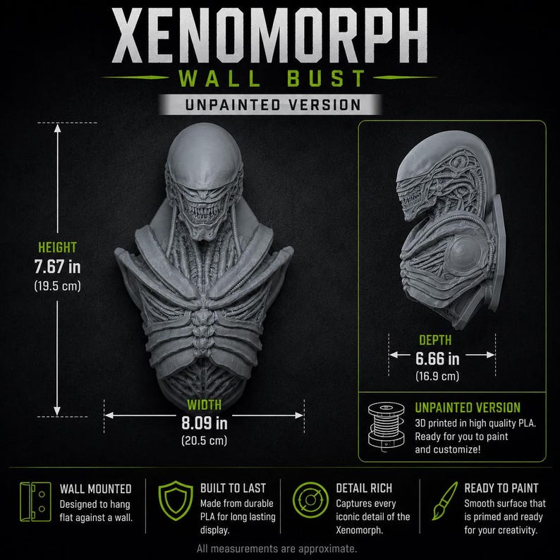 May include: A gray Xenomorph wall bust in an unpainted version. The bust measures 7.67 inches in height, 8.09 inches in width, and 6.66 inches in depth. The piece features intricate biomechanical textures and is designed for wall mounting.