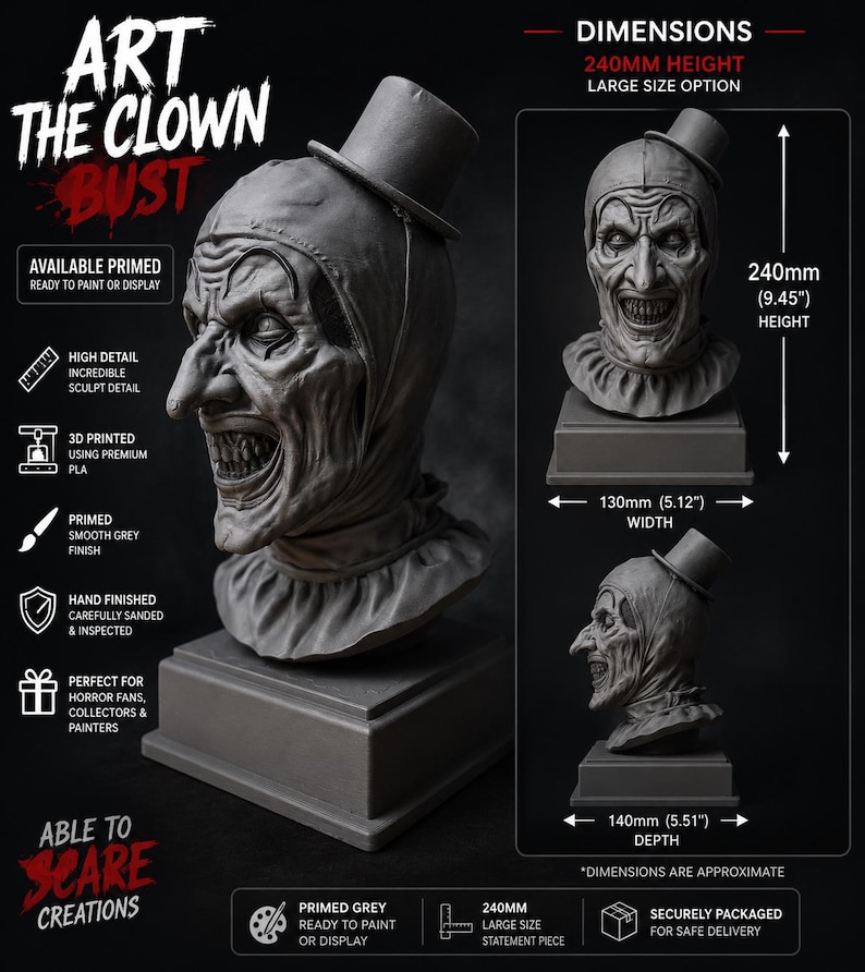 K&ouml;nnte beinhalten: Eine graue 3D-gedruckte Art the Clown B&uuml;ste mit Zylinder, detaillierten Gesichtsz&uuml;gen und einem ger&uuml;schten Kragen. Die B&uuml;ste steht auf einem quadratischen Sockel und misst 240 mm in der H&ouml;he, 130 mm in der Breite und 140 mm in der Tiefe.