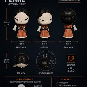 May include: A Pearl keychain figure shown in front, side, back, and top views. The figure has black hair, a pale face, and an orange dress, holding an axe. Dimensions are 2.76 inches tall, 1.65 inches wide, and it weighs 0.63 ounces with a keychain loop.