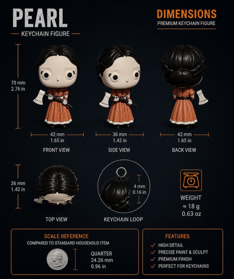 May include: A Pearl keychain figure shown in front, side, back, and top views. The figure has black hair, a pale face, and an orange dress, holding an axe. Dimensions are 2.76 inches tall, 1.65 inches wide, and it weighs 0.63 ounces with a keychain loop.