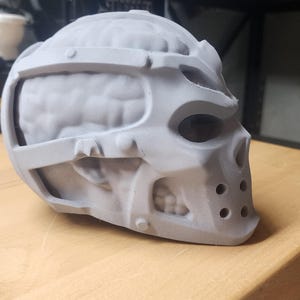 May include: A 3D printed gray resin mask featuring a skull-like structure with an exposed brain design on the sides. The mask includes a rigid frame, eye sockets, a nose cavity, and a lower section with four circular ventilation holes on the front.