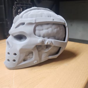 May include: A matte grey 3D printed skull mask featuring a stylized cage-like exterior frame that exposes a textured brain-like structure underneath. The mask includes circular ventilation holes at the chin and a smooth, uniform finish throughout.
