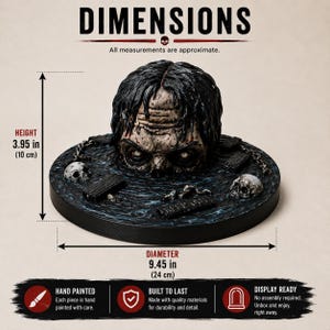 May include: A decorative sculpture featuring a zombie head emerging from dark water on a circular base with skulls and chains. The piece measures 3.95 inches in height and 9.45 inches in diameter. The surface includes text reading KEEP OUT.