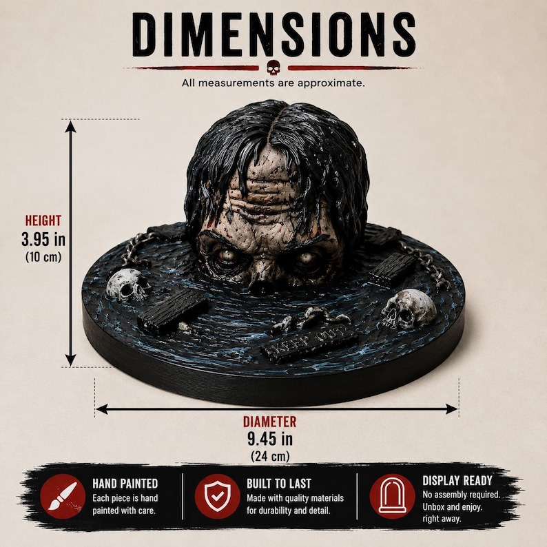 May include: A decorative sculpture featuring a zombie head emerging from dark water on a circular base with skulls and chains. The piece measures 3.95 inches in height and 9.45 inches in diameter. The surface includes text reading KEEP OUT.
