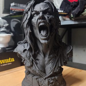 May include: A matte black 3D printed bust of a screaming figure with long hair and tattered clothing. The sculpture features intricate facial details, including an open mouth with visible teeth and tongue, and a textured, weathered appearance.