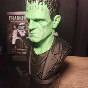 May include: A green-skinned bust of Frankenstein's monster featuring dark hair, a flat head with staples, and a neck bolt. The figure wears a dark, textured jacket over a t-shirt. In the background, a Blu-ray case displays the text Frankenstein.