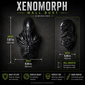 May include: A black Xenomorph wall bust featuring a detailed creature head and torso. The bust measures 7.67 inches in height, 8.09 inches in width, and 6.66 inches in depth. The design is wall-mounted and intended to hang flat against a vertical surface.