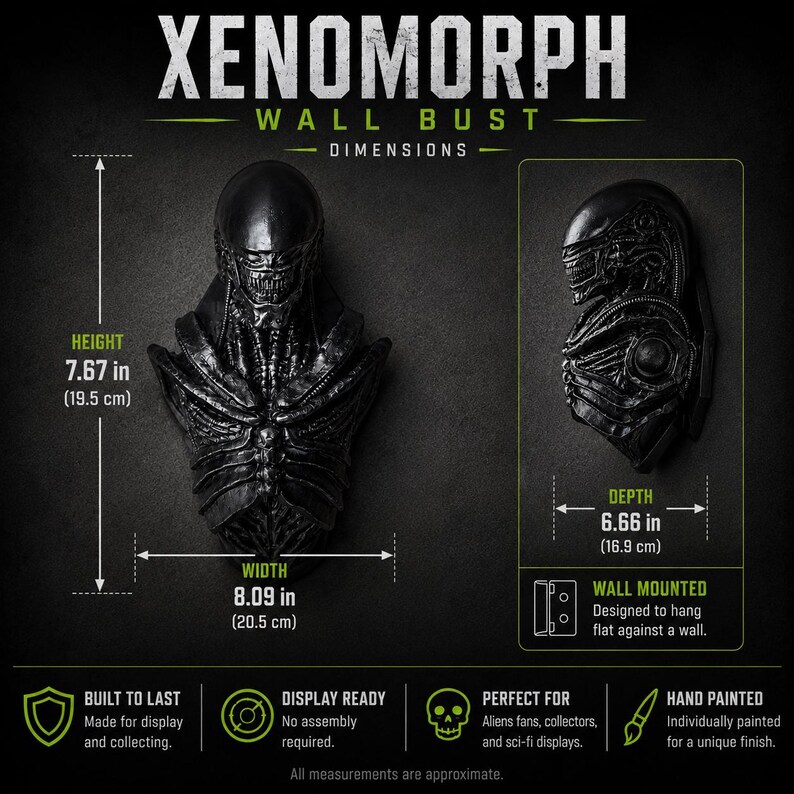 May include: A black Xenomorph wall bust featuring a detailed creature head and torso. The bust measures 7.67 inches in height, 8.09 inches in width, and 6.66 inches in depth. The design is wall-mounted and intended to hang flat against a vertical surface.
