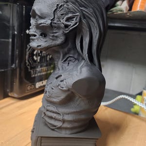 May include: A matte black 3D printed bust of a creature with textured, weathered skin, pointed ears, and long hair, mounted on a rectangular base shaped like a closed book. The figure displays detailed facial features and visible surface imperfections.