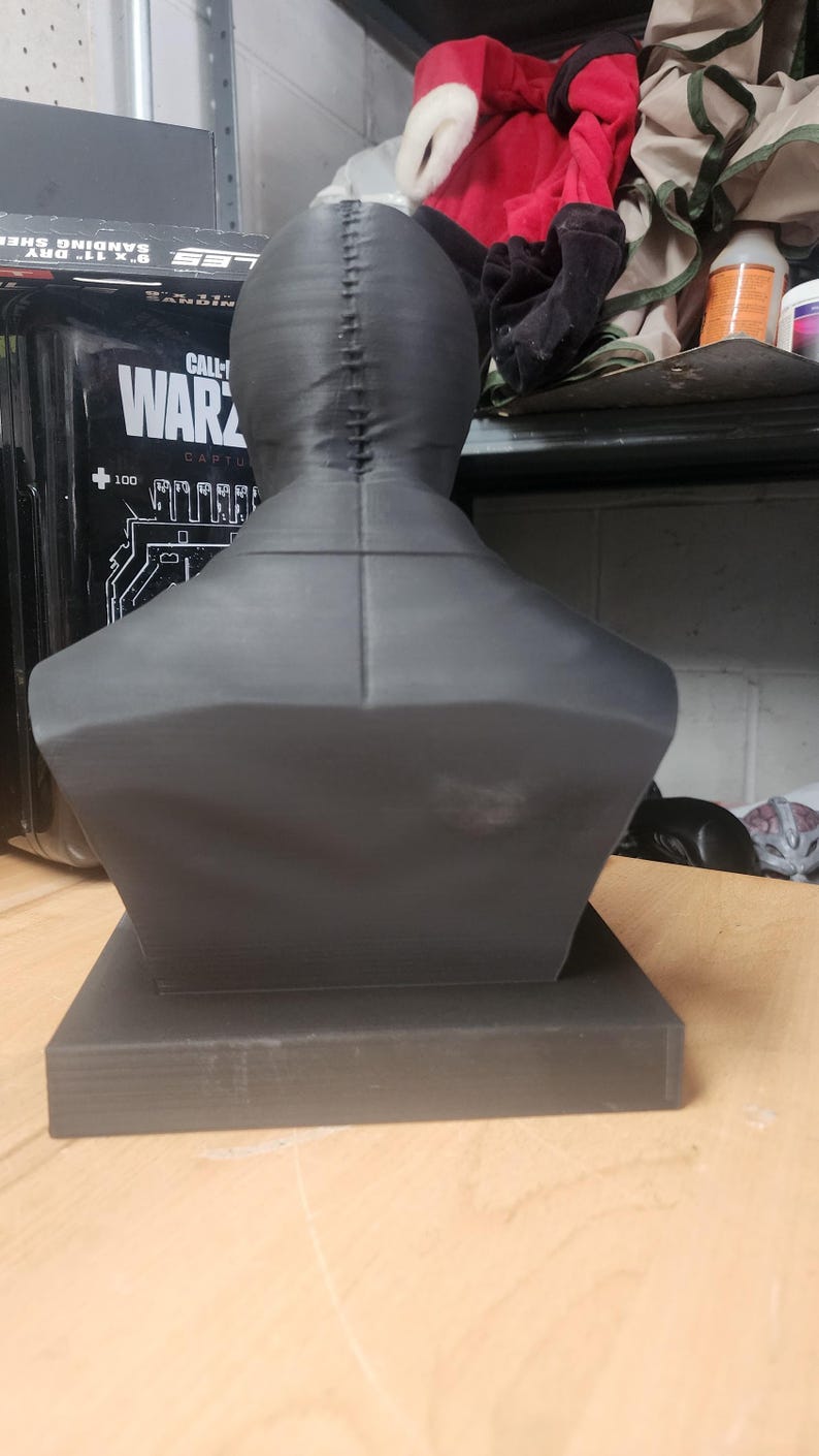 May include: A matte black 3D printed bust of a figure wearing a tight-fitting mask with a visible vertical seam running from the crown of the head down the back of the neck, mounted on a square base, viewed from the rear perspective.